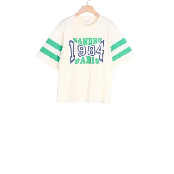 Sandro Paris green and cream T-shirt medium - Picture 3 of 3